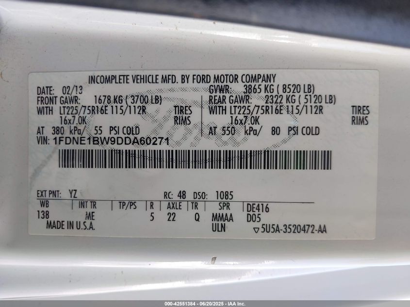 2013 Ford E-150 Xlt VIN: 1FDNE1BW9DDA60271 Lot: 43430559