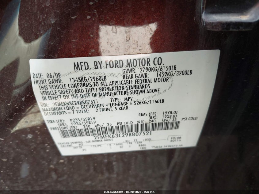 2009 Ford Flex Limited VIN: 2FMEK63C29BB07521 Lot: 42551391