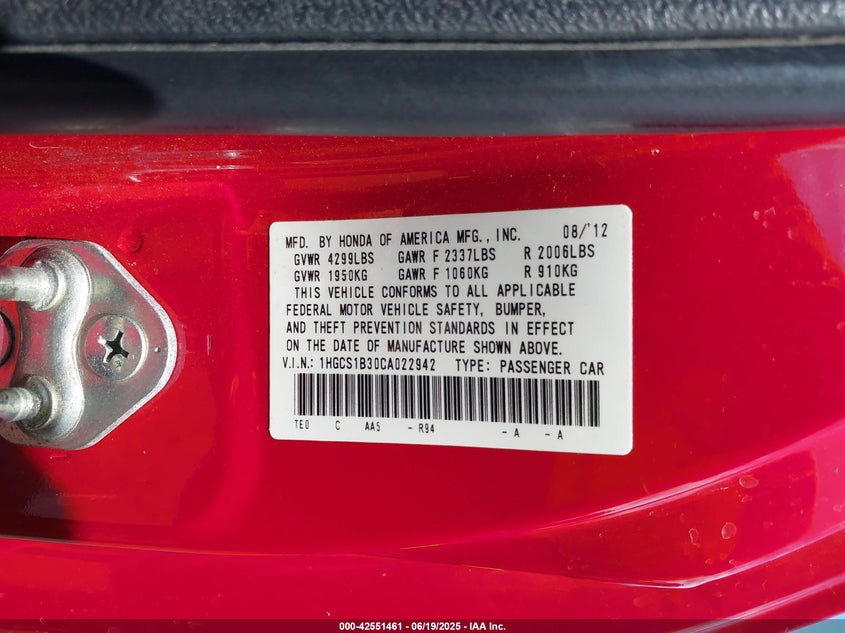 2012 HONDA ACCORD VIN: 1HGCS1B30CA022942