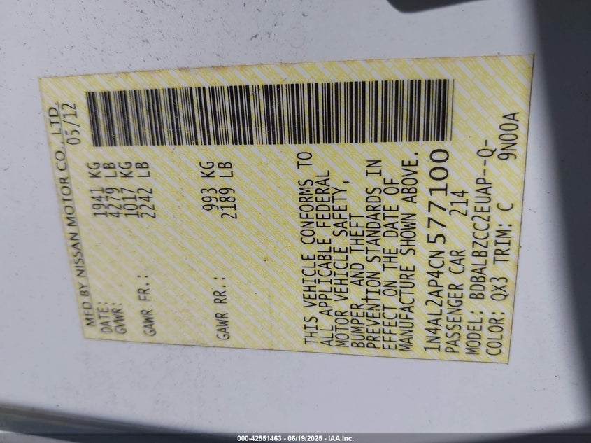 2012 Nissan Altima 2.5 S VIN: 1N4AL2AP4CN577100 Lot: 42551463