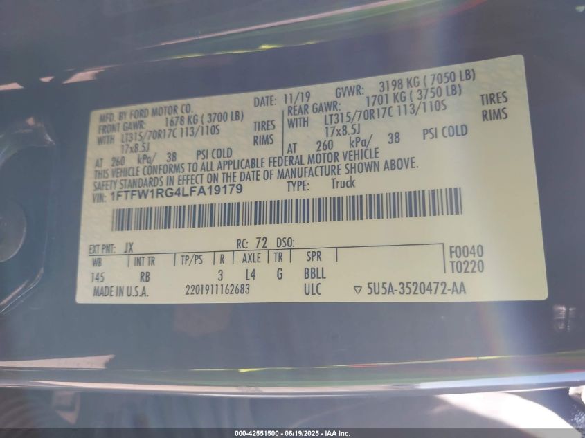 2020 Ford F-150 - 1FTFW1RG4LFA19179