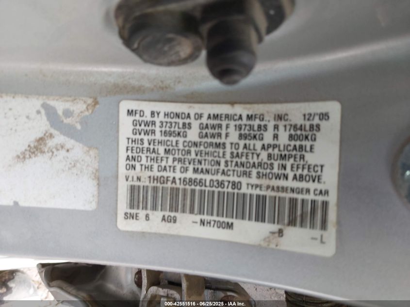 2006 Honda Civic Ex VIN: 1HGFA16866L036780 Lot: 42551516