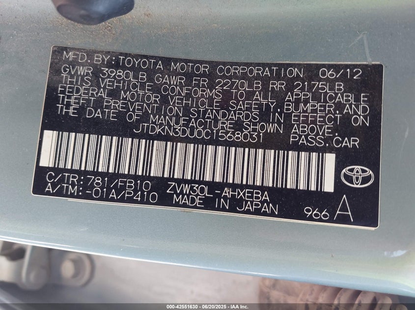 2012 Toyota Prius Three VIN: JTDKN3DU0C1568031 Lot: 42551630