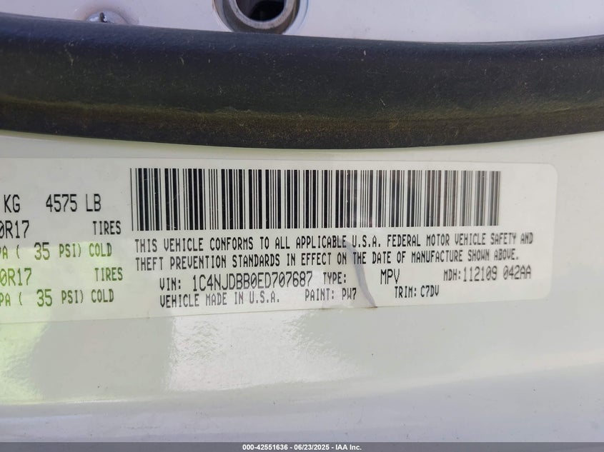 2014 Jeep Compass VIN: 1CANJDBB0ED707687 Lot: 42551636