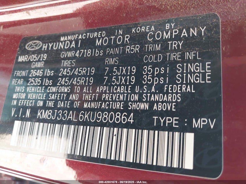 2019 HYUNDAI TUCSON NIGHT - KM8J33AL6KU980864