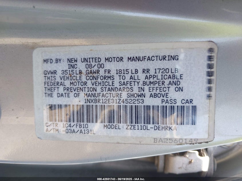 2001 Toyota Corolla Ce VIN: 1NXBR12E31Z452253 Lot: 42551743