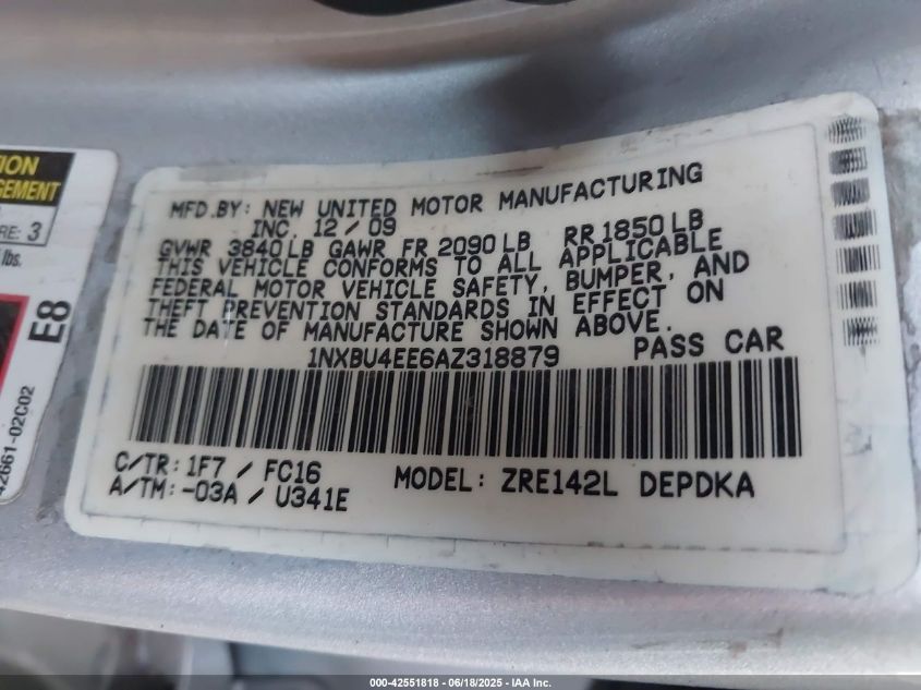 2010 Toyota Corolla Le VIN: 1NXBU4EE6AZ318879 Lot: 42551818