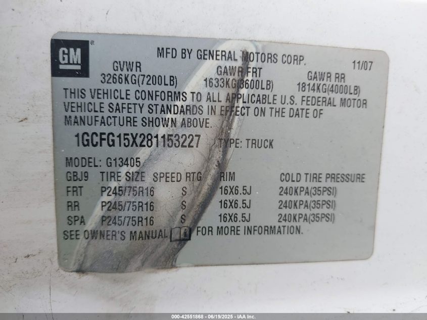 2008 Chevrolet Express Work Van VIN: 1GCFG15X281153227 Lot: 42551868