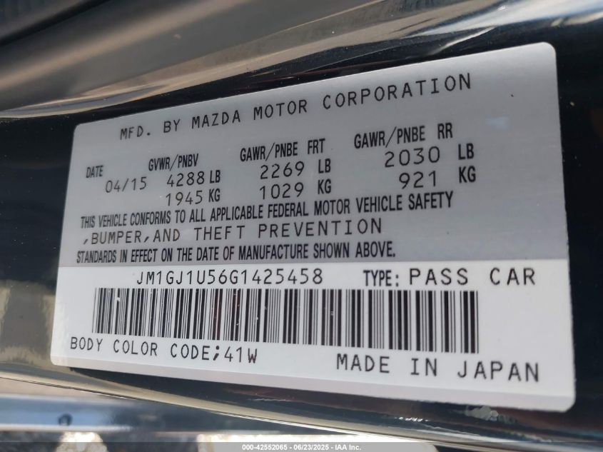2016 Mazda Mazda6 I Sport VIN: JM1GJ1U56G1425458 Lot: 42552065