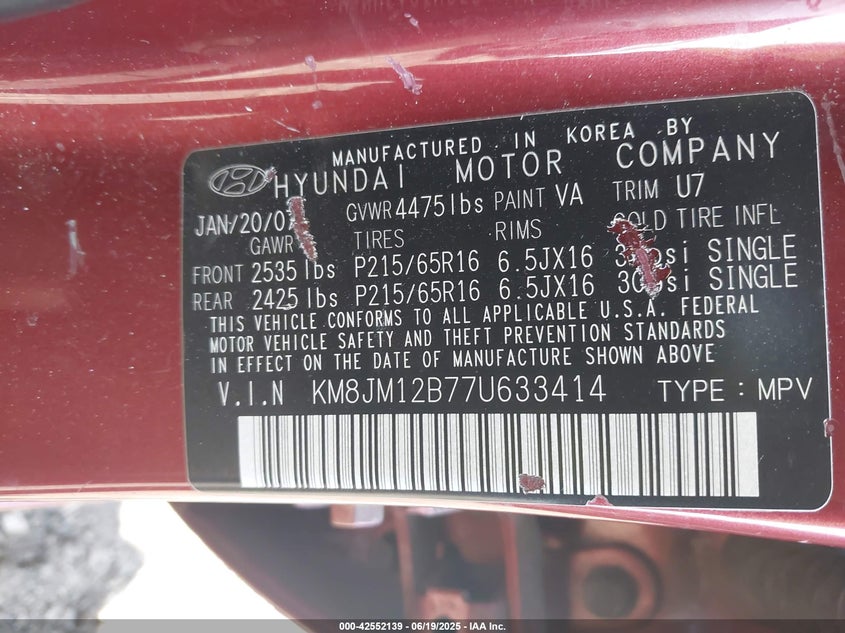 2007 HYUNDAI TUCSON VIN: KM8JM12B77U633414