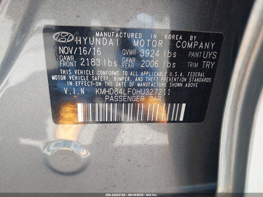 2017 Hyundai Elantra Value Edition VIN: KMHD84LF0HU327211 Lot: 42552188