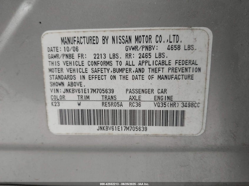 2007 Infiniti G35 Journey VIN: JNKBV61E17M705639 Lot: 42552213