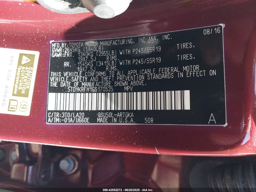 2016 Toyota Highlander Limited V6 VIN: 5TDYKRFH1GS170535 Lot: 42552272