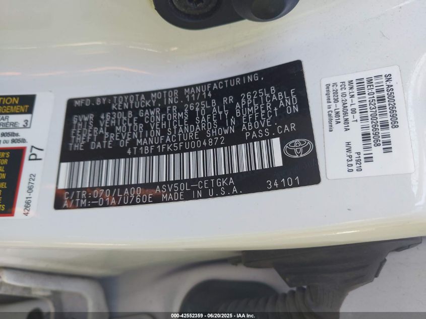 2015 Toyota Camry Xle VIN: 4T1BF1FK5FU004872 Lot: 42552359