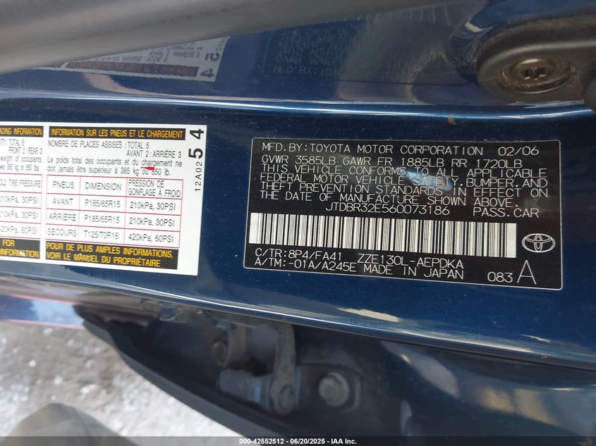 2006 TOYOTA COROLLA VIN: JTDBR32E560073186