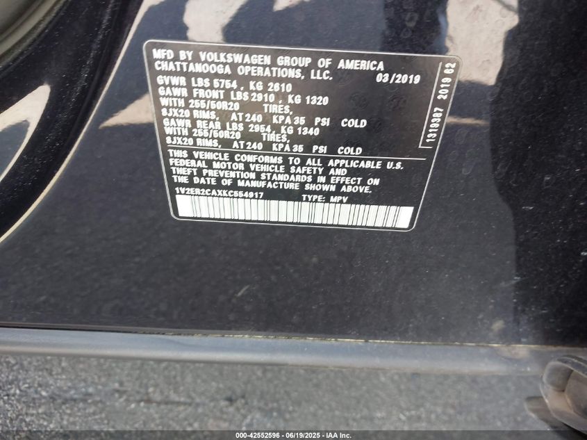 2019 Volkswagen Atlas 3.6L V6 Sel VIN: 1V2ER2CAXKC554917 Lot: 42552596