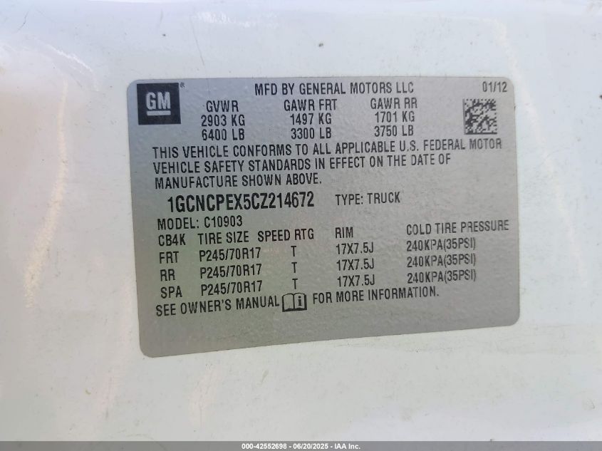 2012 Chevrolet Silverado 1500 Work Truck VIN: 1GCNCPEX5CZ214672 Lot: 42552698