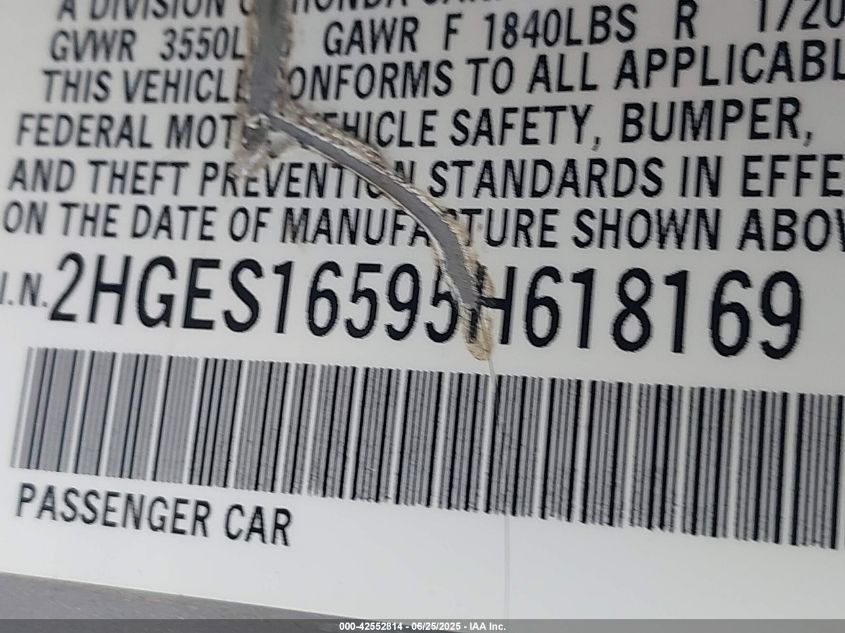 2005 Honda Civic Lx VIN: 2HGES16595H618169 Lot: 42552814