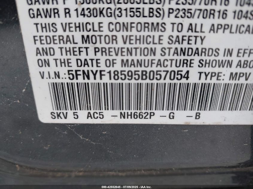2010 Honda Pilot VIN: 5FNYF1859B057054 Lot: 42552845