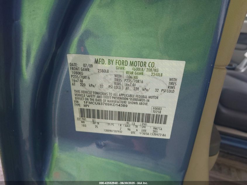 2009 Ford Escape Xlt VIN: 1FMCU93769KD14389 Lot: 42552948