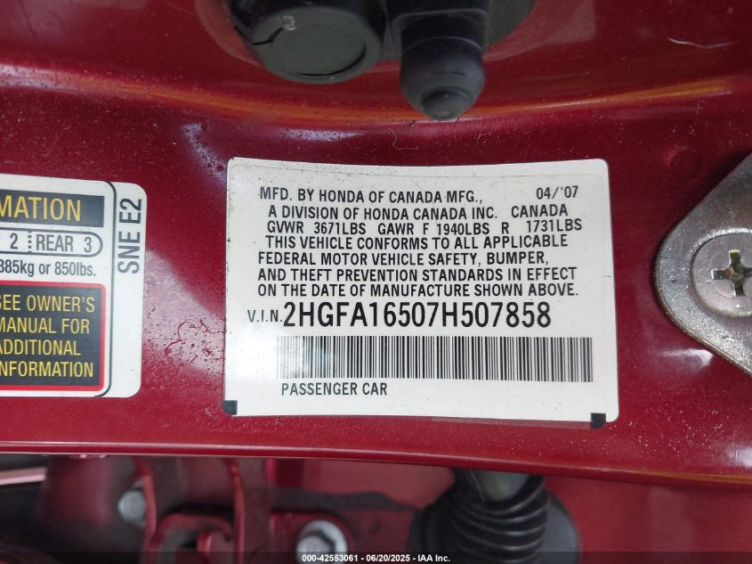 2007 Honda Civic Lx VIN: 2HGFA16507H507858 Lot: 42553061