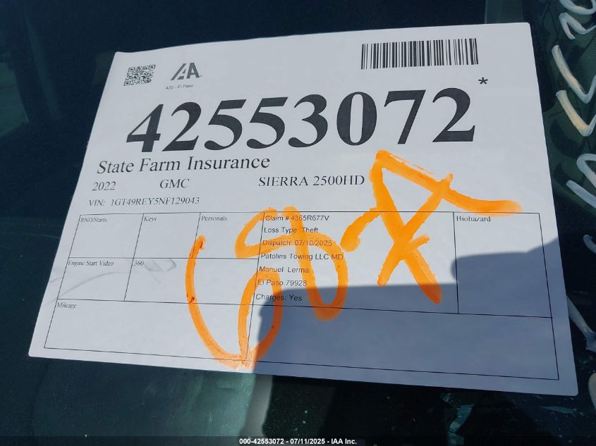 2022 GMC Sierra 2500Hd 4Wd Standard Bed Denali VIN: 1GT49REY5NF129043 Lot: 42553072