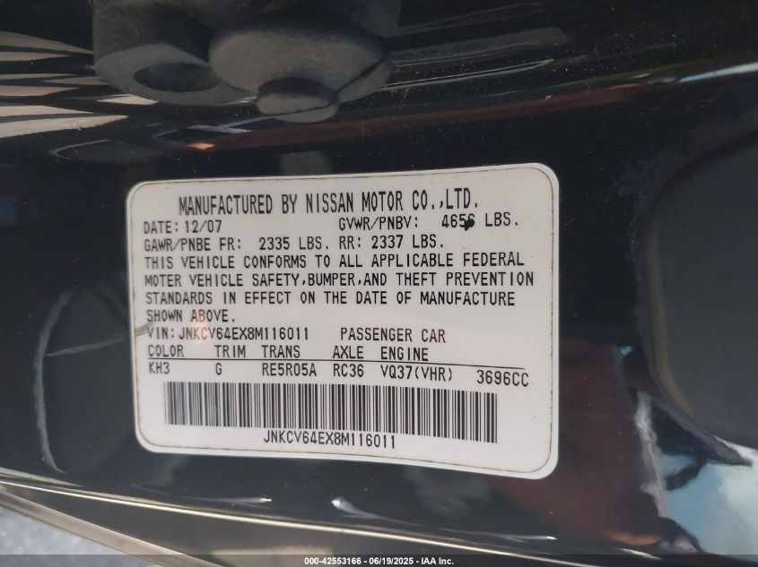 2008 Infiniti G37 Journey VIN: JNKCV64EX8M116011 Lot: 42553166