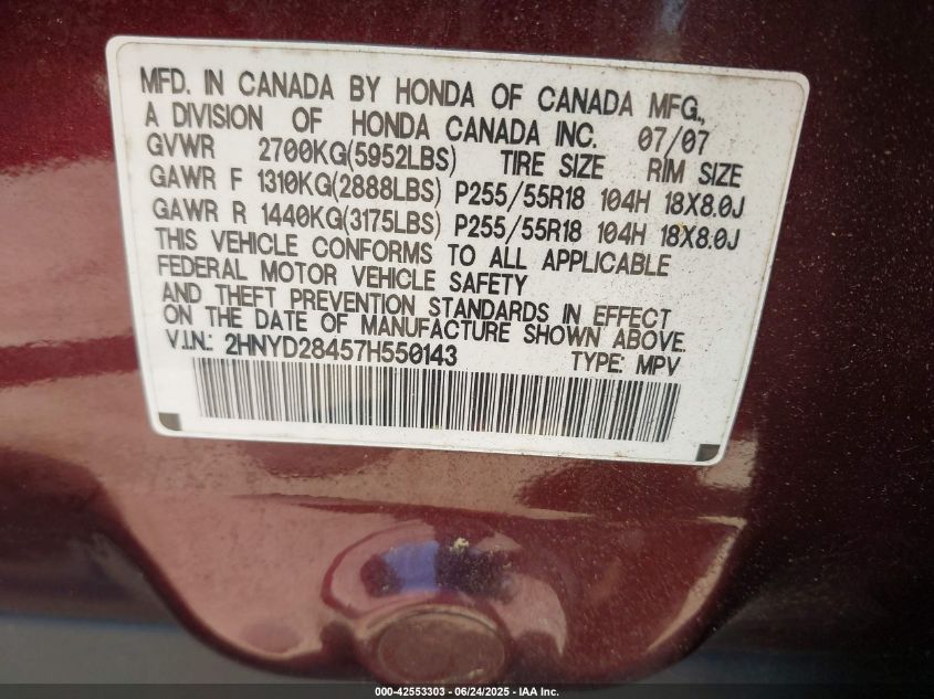 2007 Acura Mdx Technology Package VIN: 2HNYD28457H550143 Lot: 42553303