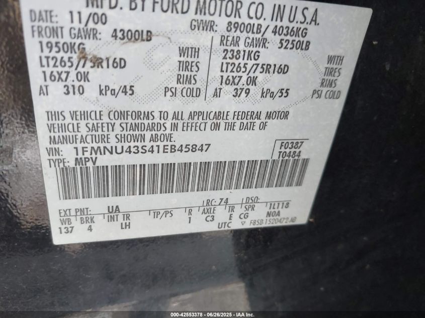 2001 Ford Excursion Limited VIN: 1FMNU43S41EB45847 Lot: 42553378