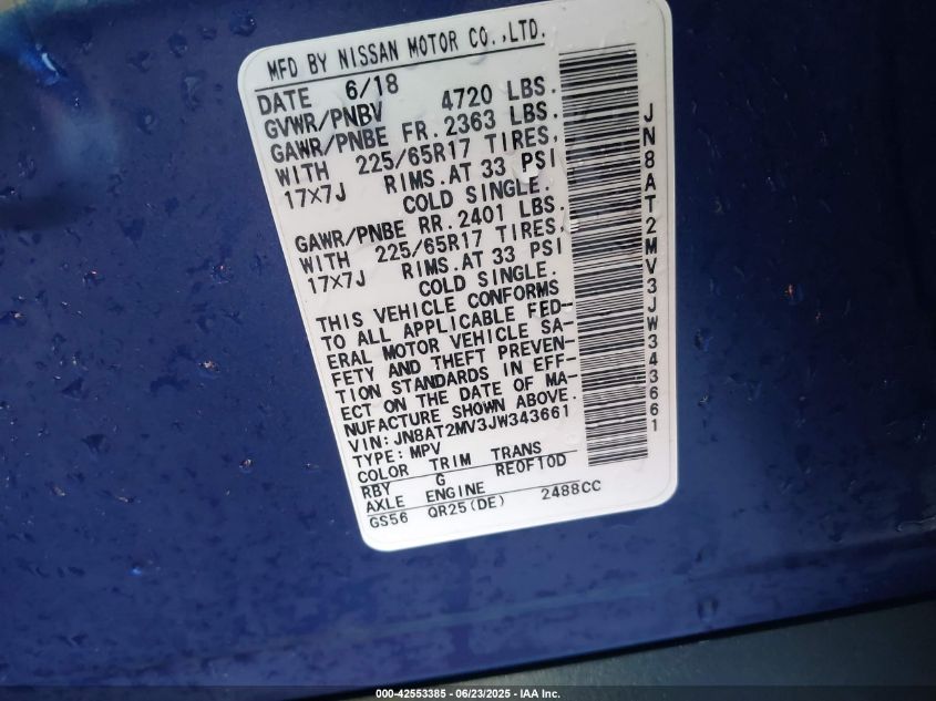 2018 Nissan Rogue Sv VIN: JN8AT2MV3JW343661 Lot: 42553385