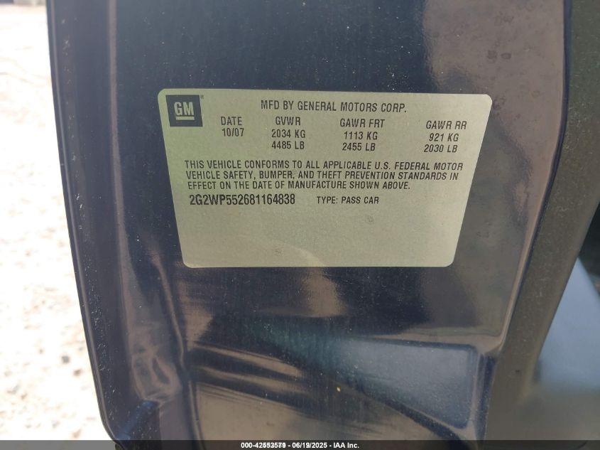 2008 Pontiac Grand Prix VIN: 2G2WP552681164838 Lot: 42553579