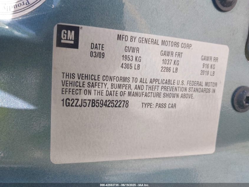 2009 Pontiac G6 New Se VIN: 1G2ZJ57B594252278 Lot: 42553735