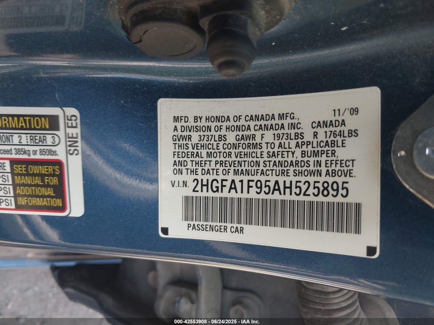 2010 HONDA CIVIC VIN: 2HGFA1F95AH525895