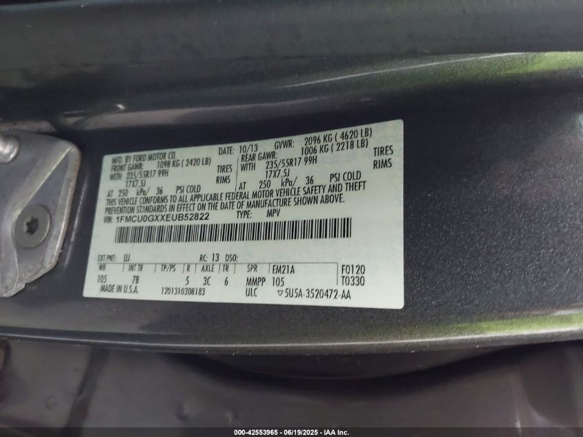 2014 Ford Escape Se VIN: 1FMCU0GXXEUB52822 Lot: 42553965