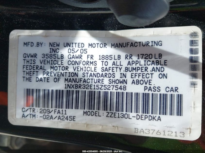 2005 Toyota Corolla Ce VIN: 1NXBR32E15Z527548 Lot: 42554005