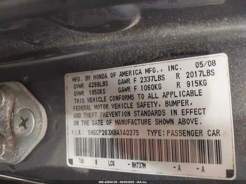 2008 Honda Accord 2.4 Lx VIN: 1HGCP263X8A140375 Lot: 42554138
