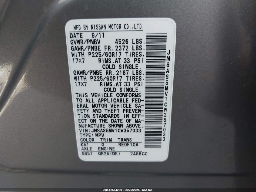 2012 NISSAN ROGUE VIN: JN8AS5MV1CW357033