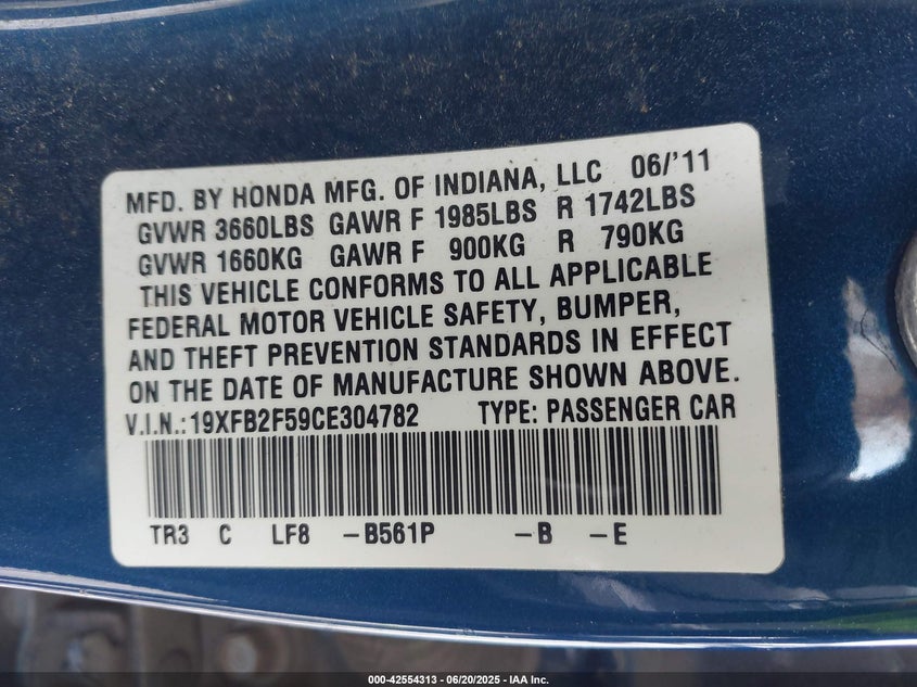 2012 HONDA CIVIC VIN: 19XFB2F59CE304782