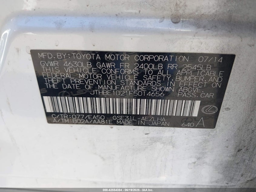 2015 LEXUS IS 350 JTHBE1D21F5014656