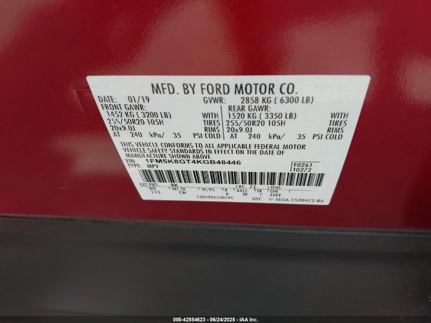 2019 Ford Explorer Sport VIN: 1FM5K8GT4KGB48446 Lot: 42554623