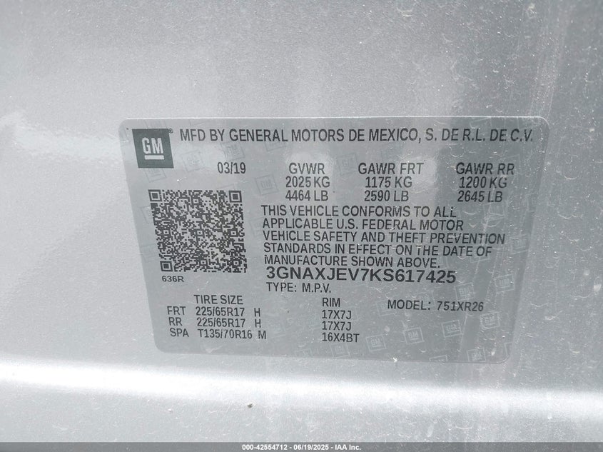 2019 CHEVROLET EQUINOX LT - 3GNAXJEV7KS617425