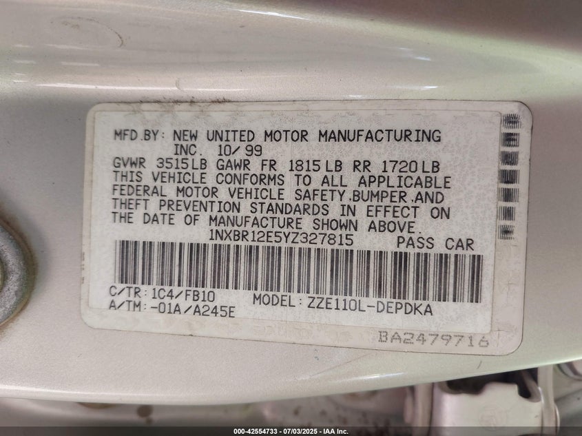 2000 Toyota Corolla Ce VIN: 1NXBR12E5YZ327815 Lot: 42554733