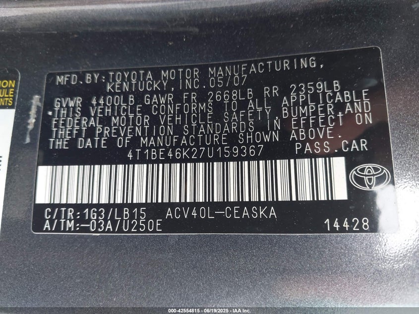 2007 TOYOTA CAMRY VIN: 4T1BE46K27U159367