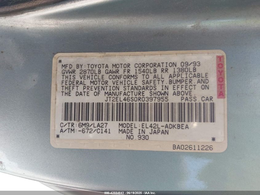 1994 Toyota Tercel Std VIN: JT2EL46S0R0397955 Lot: 42554843