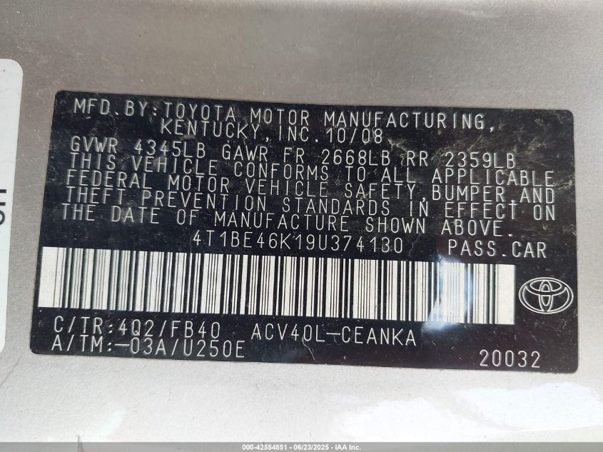 2009 Toyota Camry Le VIN: 4T1BE46K19U374130 Lot: 42554851