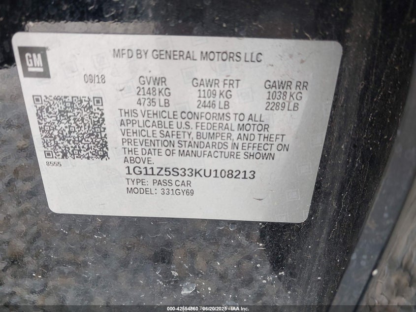 2019 CHEVROLET IMPALA LT - 1G11Z5S33KU108213