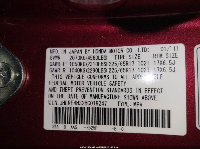 2011 Honda Cr-V Lx VIN: JHLRE4H32BC019247 Lot: 42554997