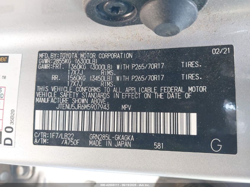 2021 Toyota 4Runner Sr5 Premium VIN: JTENU5JR6M590794 Lot: 42555111