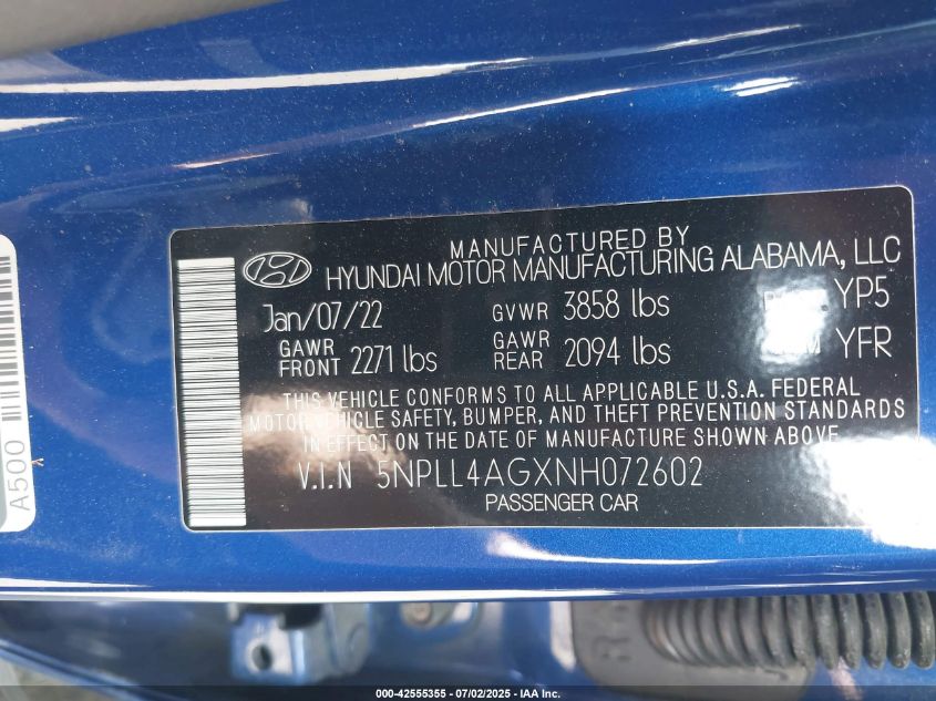 2022 Hyundai Elantra Se VIN: 5NPLL4AGXNH072602 Lot: 42555355