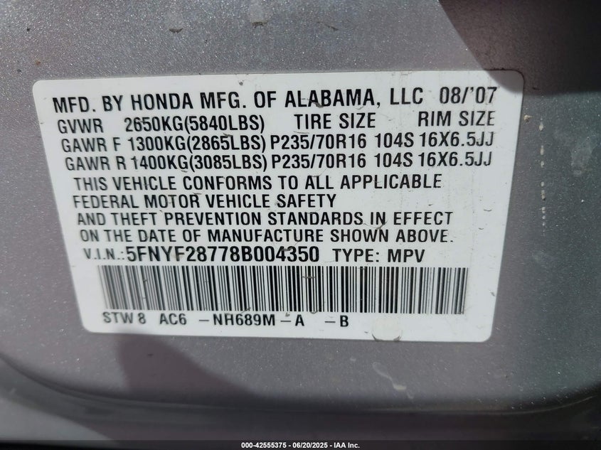 2008 HONDA PILOT VIN: 5FNYF28778B004350